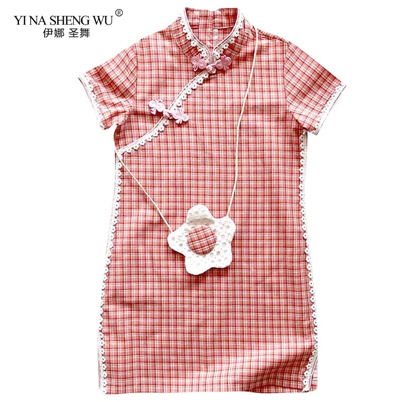 Bébé fille rose/jaune treillis Qipao robe chinois Cheongsam enfants robes en dentelle vêtements robe de princesse porter avec un sac d'enfant