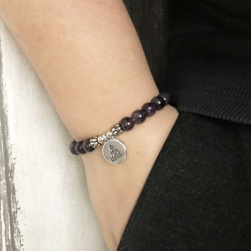Ametyster buddha armbånd yoga lotus charme håndled lilla sten beaded buddhist armbånd til kvinder og mænd