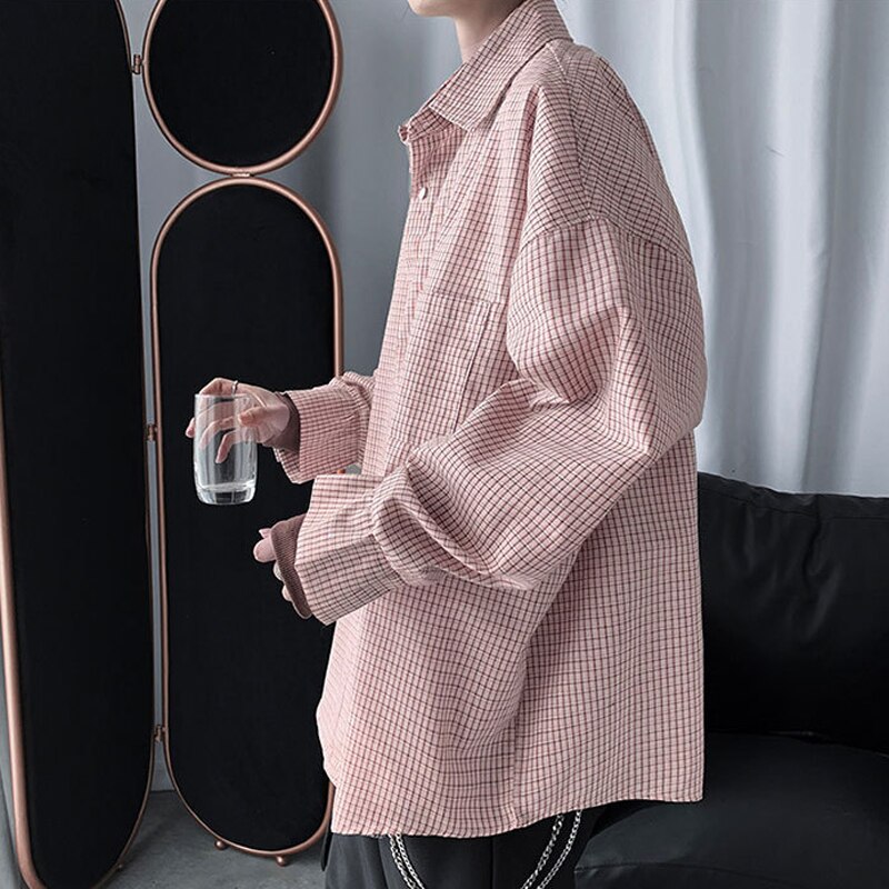 Camisas a cuadros informales de talla grande para hombre, ropa de Coreana de otoño con retazos, camisa rosa de manga larga para hombre, blusa para hombre