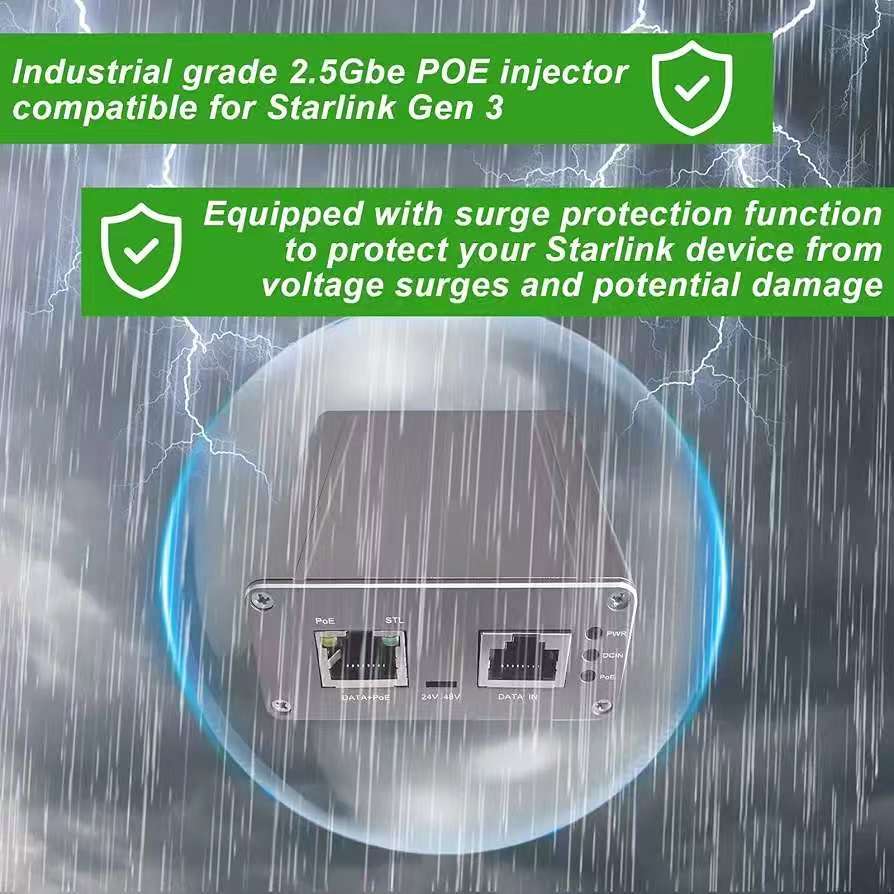 Iniettore PoE 2.5G per Starlink V2/V3 | Max200W | Ingresso 48-57Vdc + uscita PoE 57V | alloggiamento in lega | Montaggio su guida DIN e a parete è opzionale