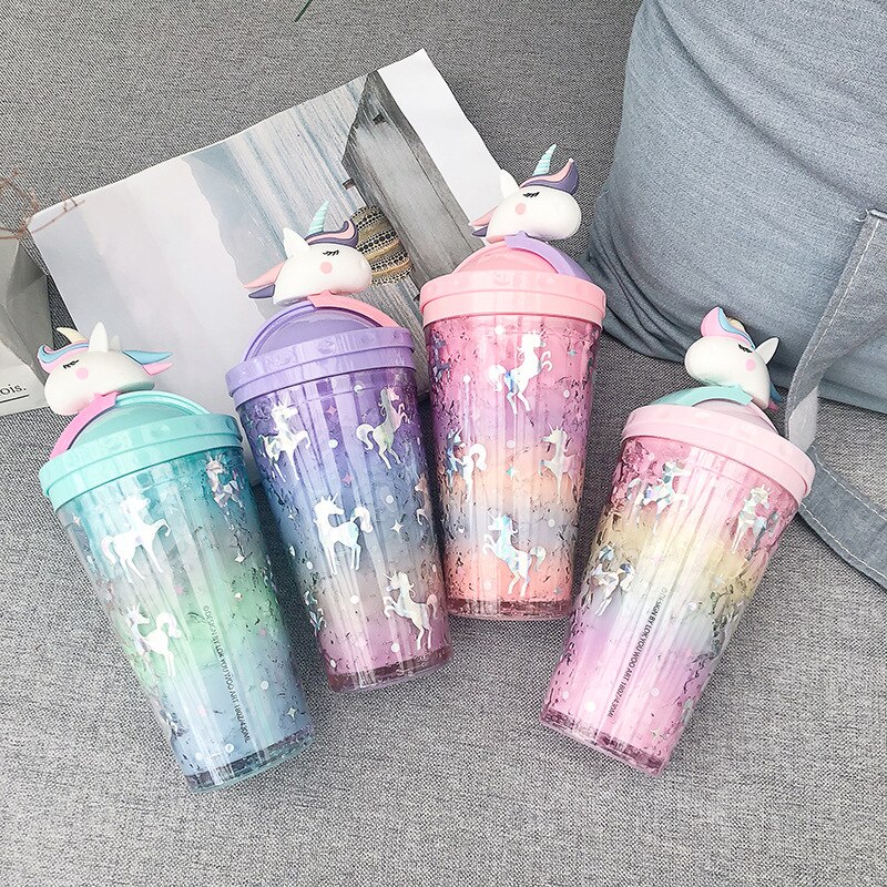 Unicorn Push Cap Plastic Ice Cup Cute Literary Fresh Cartoon Double Straw Cup Students Cup