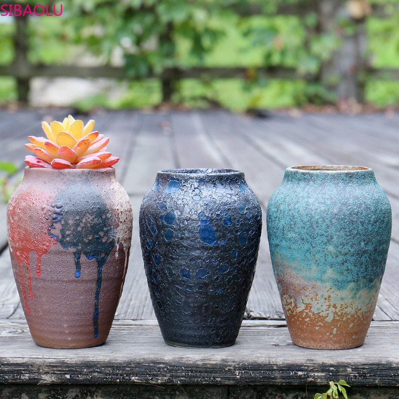 Ceramic Flower Pot Large Round Succulent Rust Old Pile Flower Pot Breathable Retro Potted High Mouth Flower Pot
