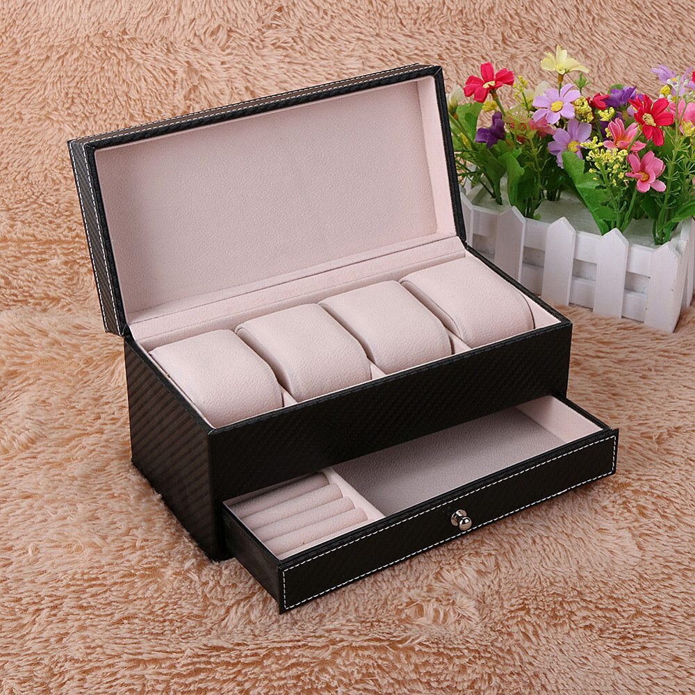 4 Compartment Watch Storage Box Drawer Jewelry Storage Display Leather Square Jewelry Box