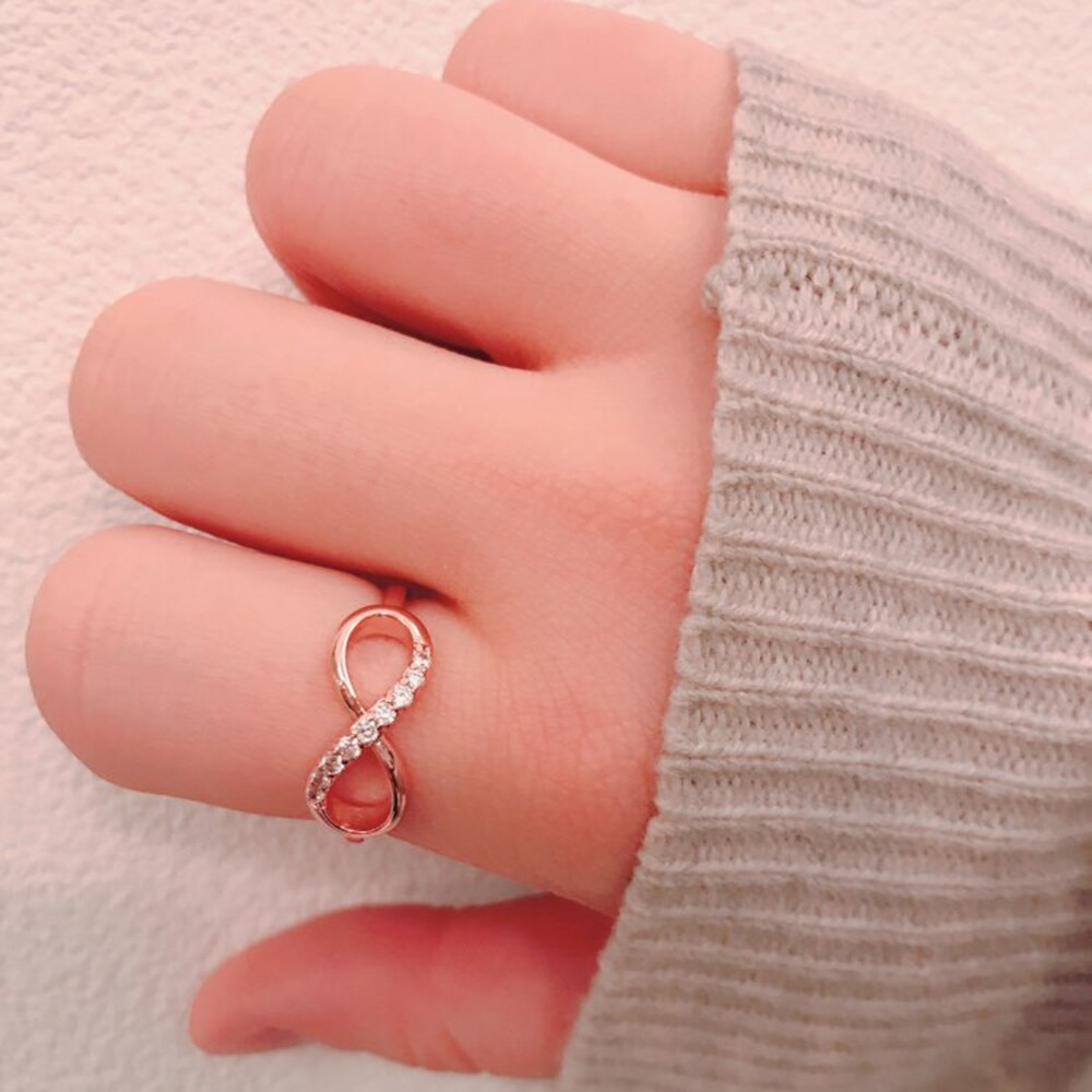 Infinity Rings for Women Rose Gold Crystal Zircon Couple Statement Ring for Girls Jewelry Accessories R407
