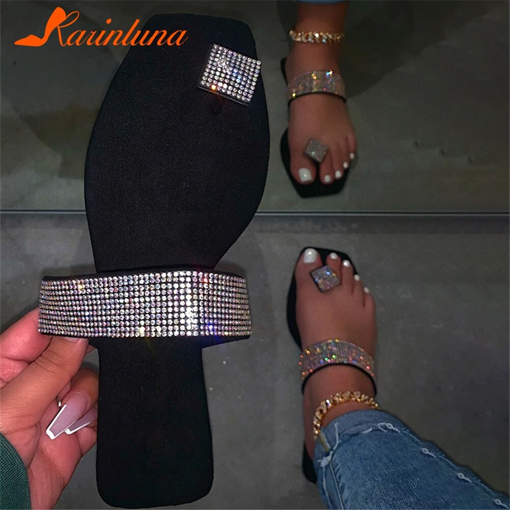 Stor størrelse 42 sommer bling flip flops fritidsleilighet komfortabel ferie ins sandal kvinner tøfler: Svart / 6.5