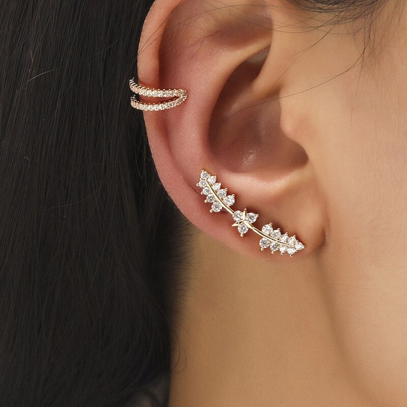 1 Set Minimalistische Little C Cubic Zircon Kraakbeen Blad Oorbellen Clips Sets Voor Vrouwen Chic Street Stijl Oor Manchetten