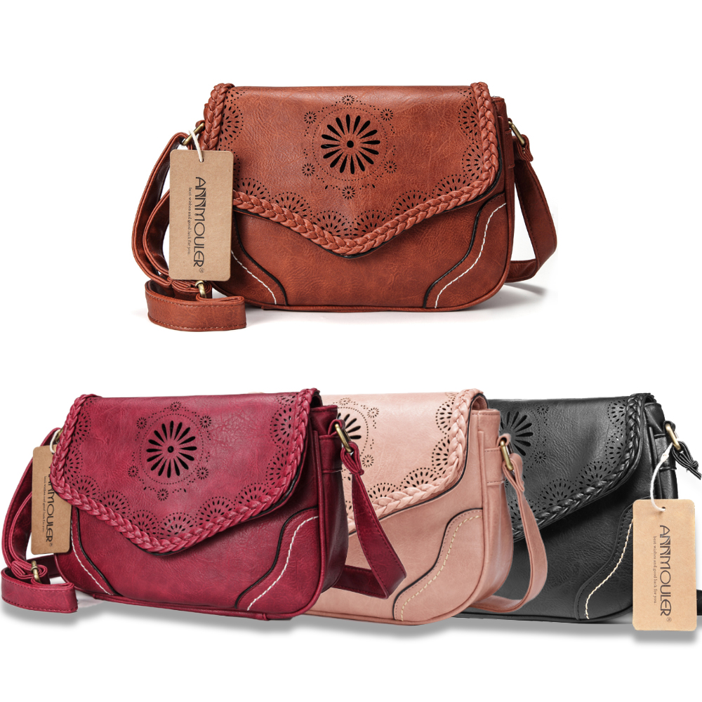 Annmouler Frauen Schulter Tasche Vintage Pu Leder Umhängetasche Aushöhlen Damen Satchel Tasche Braun Retro Handtasche für Mädchen