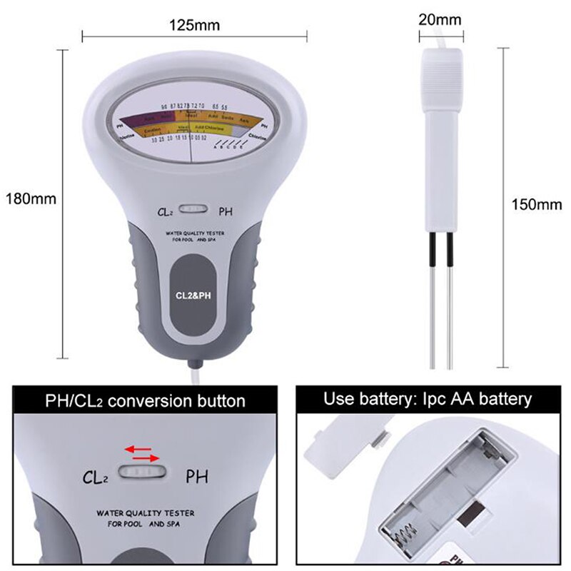 Chlorine Meters PH Tester PH and Chlorine 2 in 1 Testers Water Testing Device CL2 Measuring For Swimming Pool Aquarium