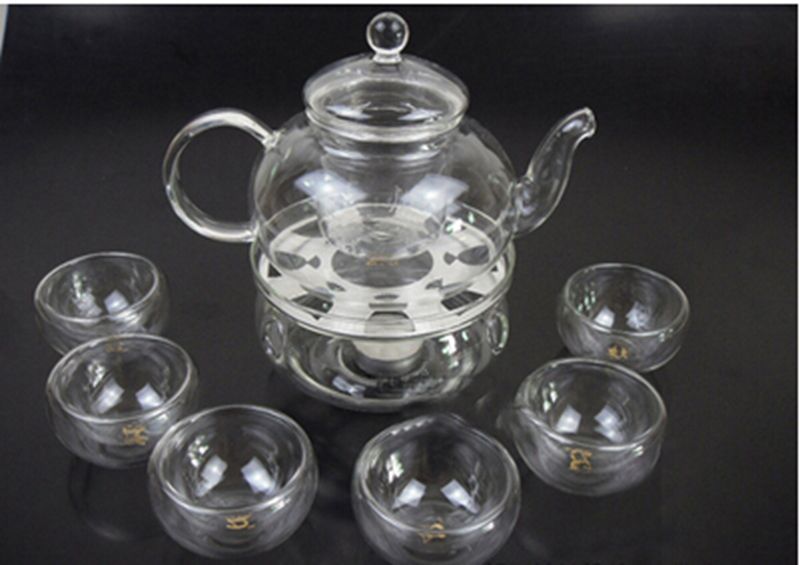 1 set Gaiwan Thee Set Met 6 Kopjes 600 ml Glas Thee pot Dubbele Muur Gemaakt In China ketel