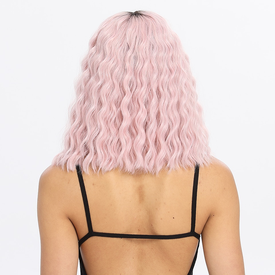 Pelucas sintéticas mágicas de 14 "con flequillo rosa y rojo, resistentes al calor, ondas al agua, para mujeres negras, encaje de estilo africano y americano