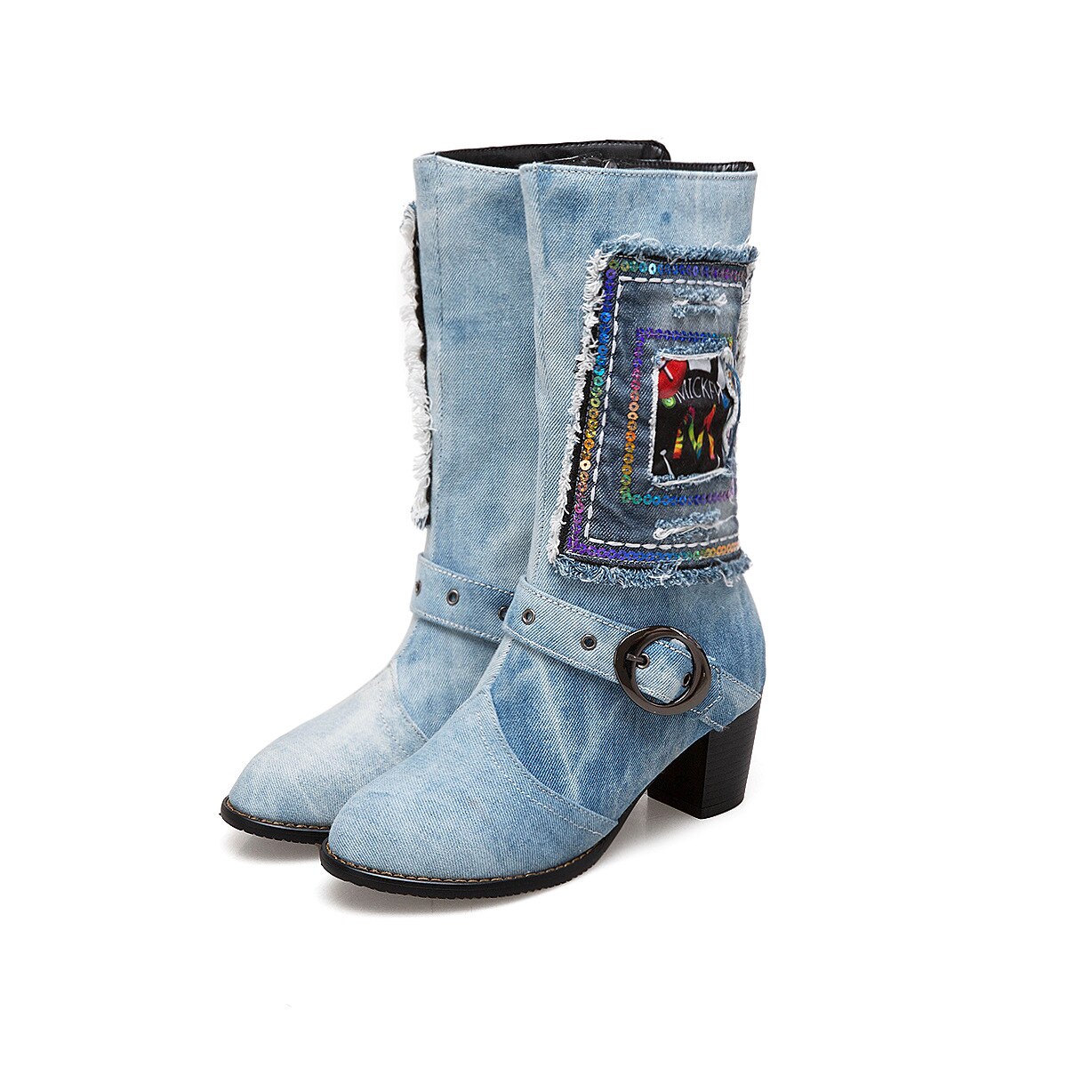 Denim dam promenadskor vinterkänga tjock klack mid kalv stövlar orm bälte spänne kvinnlig riddare boots kort plysch varm storlek 43