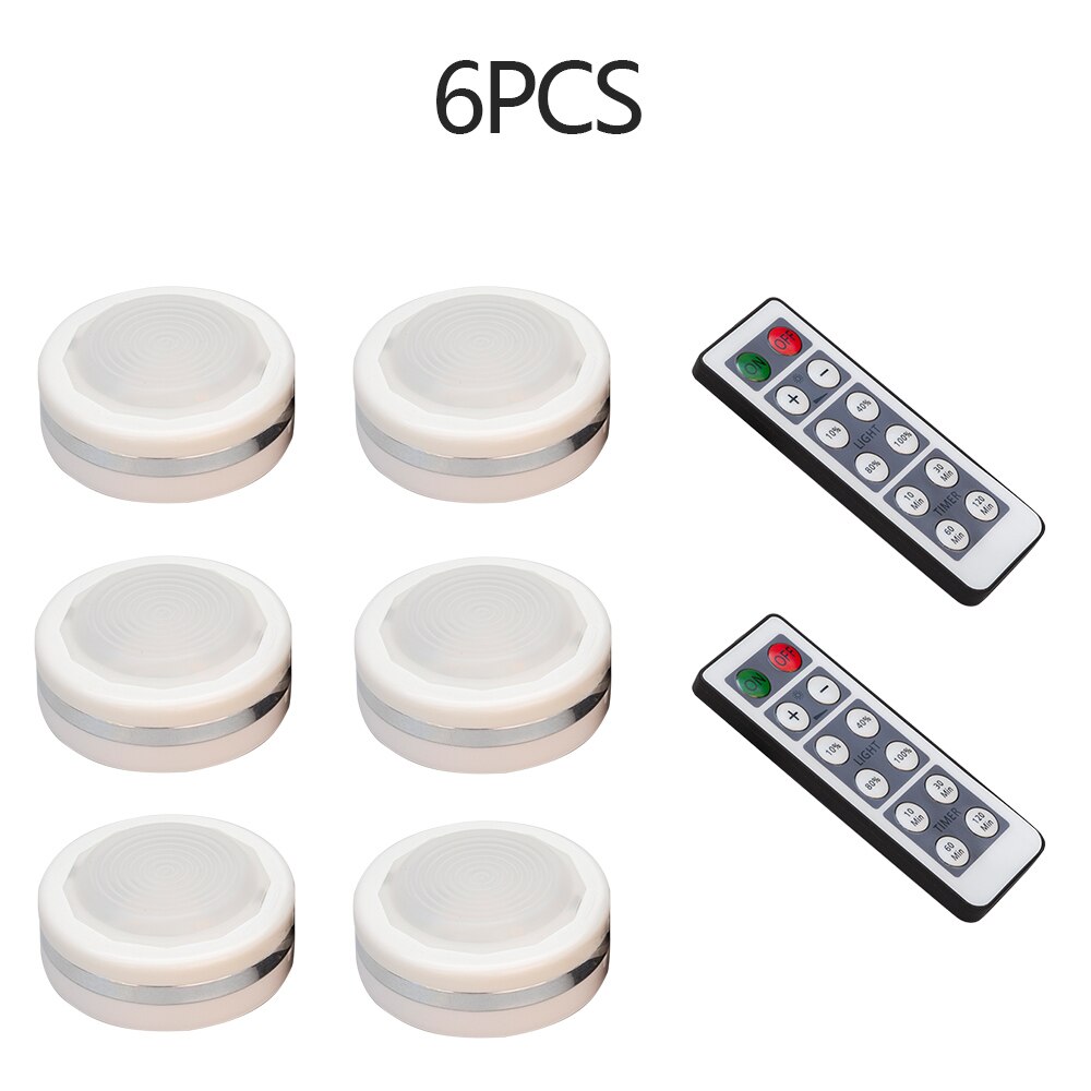 Led sensor under skap lys for kjøkken soverom skap garderobe natt lys led puck lys med trådløs rf fjernkontroll: 6pc