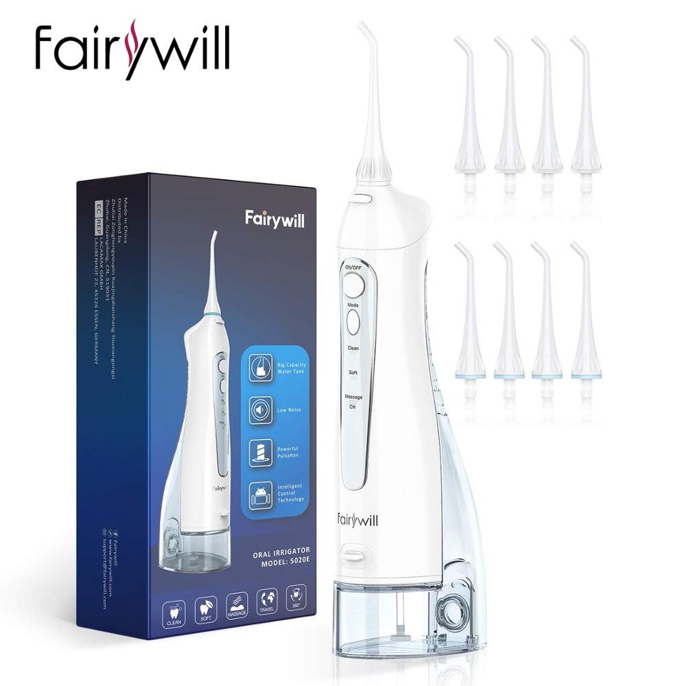 Fairywill Teeth Cleaner 300ML Rechargeable Water Flossers Portable Dental 3 Modes Water Tank Waterproof Oral Irrigator for Teeth: FW-5020E-White