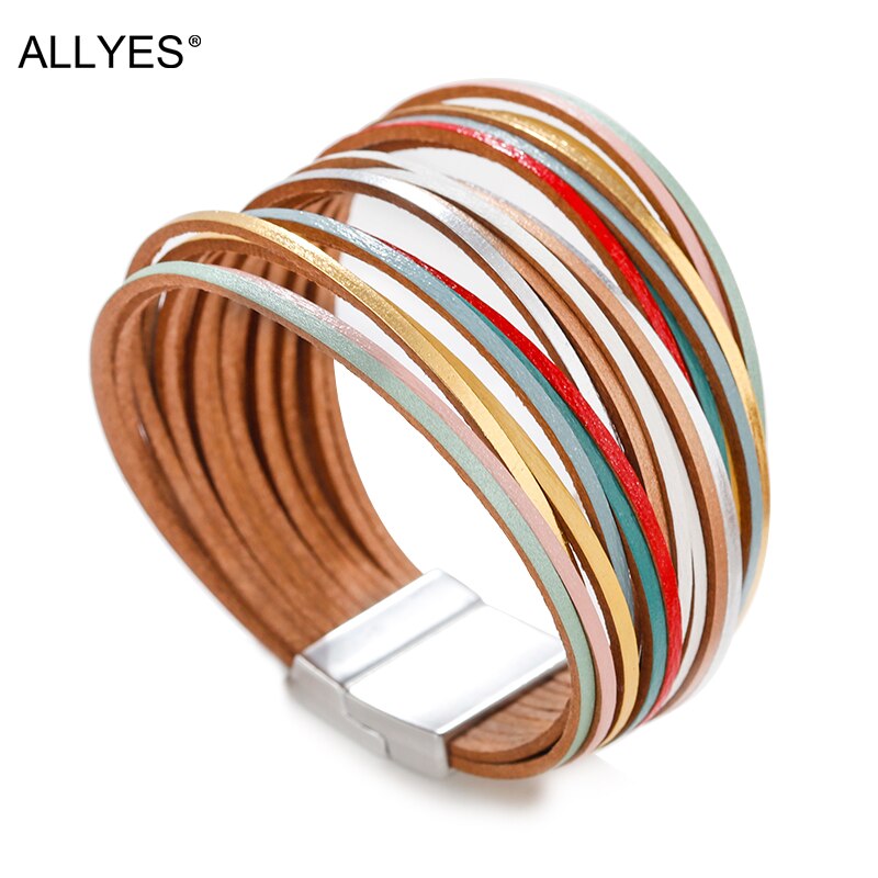 ALLYES Simple Leather Bracelets for Women Mulitlayer Mix Color Wide Wrap Bracelet Female Jewelry