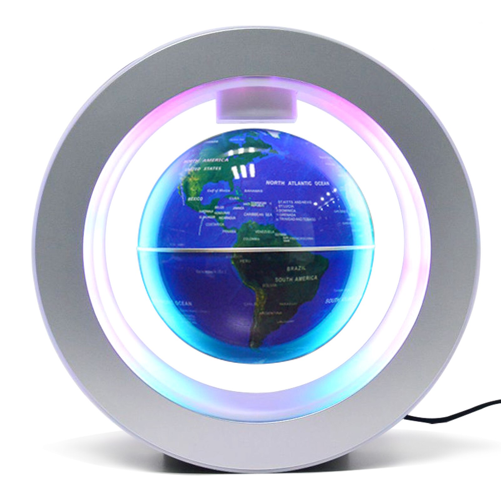 Globe flottant 6 pouces à lévitation magnétique, carte du monde rotative avec Base de lumière multicolore, lampe Globe Anti-gravité créative:  No LED BL-US Plug