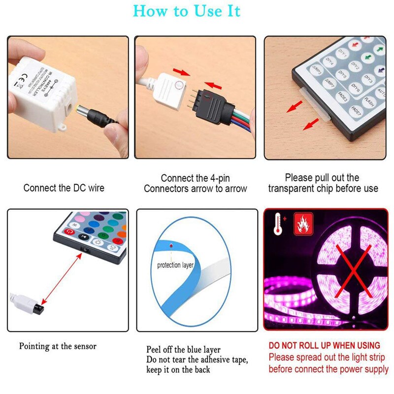 LED Strip Light Waterproof 16.4ft RGB LED Rope Lighting Full Kit with 44-keys IR Remote Controller Power Supply Home Bed Room