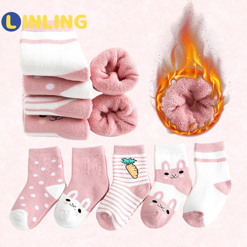 LINLING 5 Paare freundlicher Winter Dicke Warme Socken Baby Jungen Mädchen Baumwolle Socken Herbst freundlicher Neue Nette Karikatur Kaninchen Socken v103