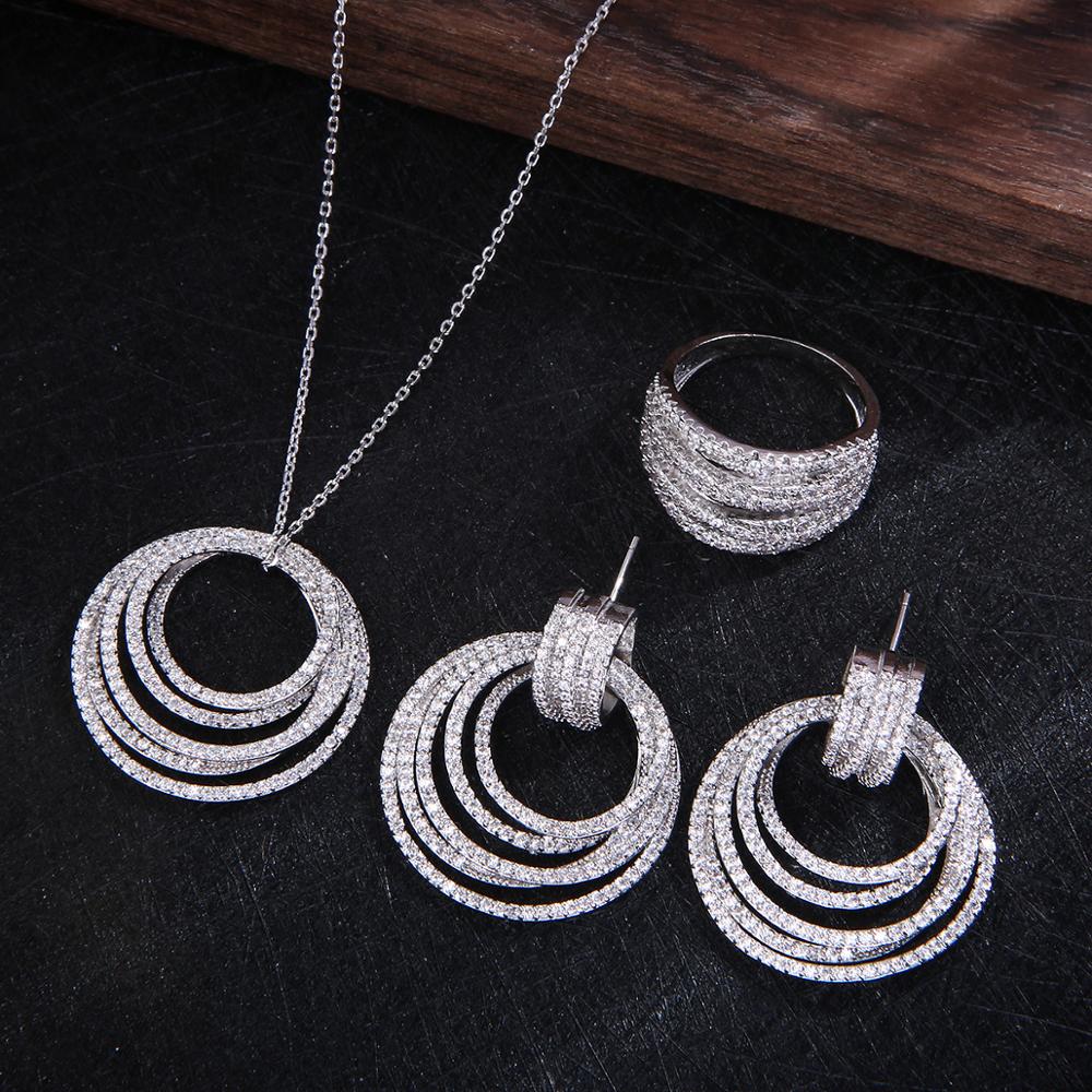 Luxury Twist Lines Geometry Cubic ZirconEngagement Dubai Naija Bridal Finger Rings Necklace Earring Jewelry set