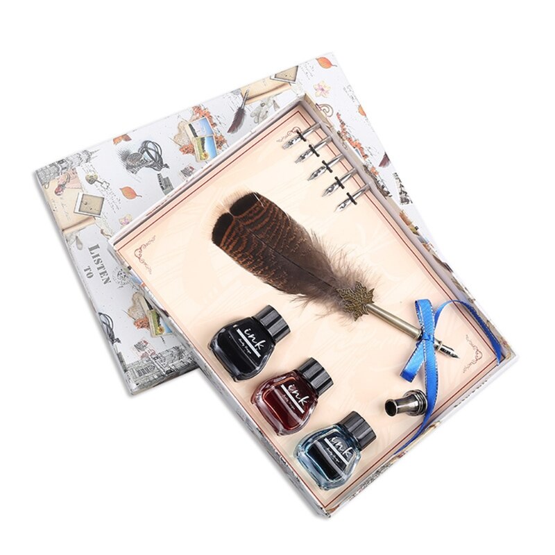 Calligraphy Set Antique Brass Holder 3 Ink Bottle for Beginner Students or Commerce Site 40JB: 2