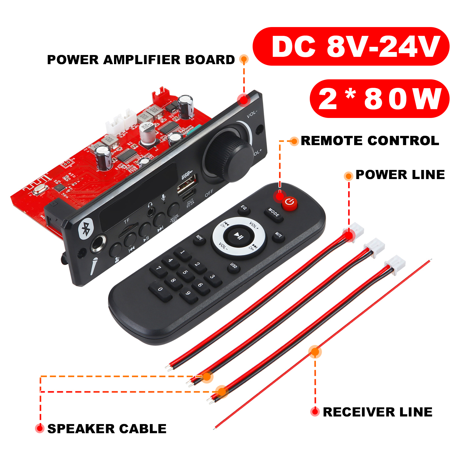 160W DIY Home Digital Amplifier MP3 Decoder Board 12V 80W Audio Power Bluetooth FM For Music Subwoofer Speakers Volume Control: black