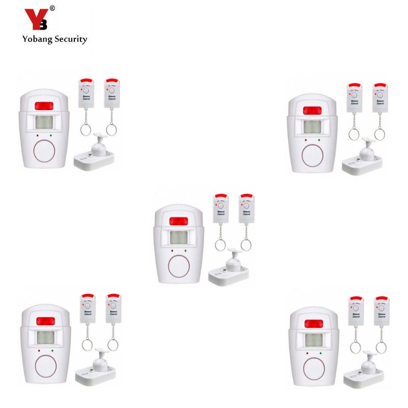 Yobang security 5 stuks draadloze pir/bewegingssensor alarm +2 afstandsbedieningen lokaal alarm inbraakalarm 105db sirenes lokaal alarmsysteem