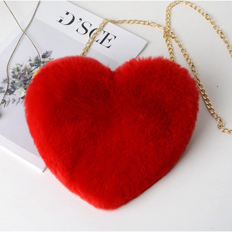 Women's Plush Love Shoulder Bag Hairy Heart-shaped Black Pink Bag crossbody bags for women Valentine Day: Red