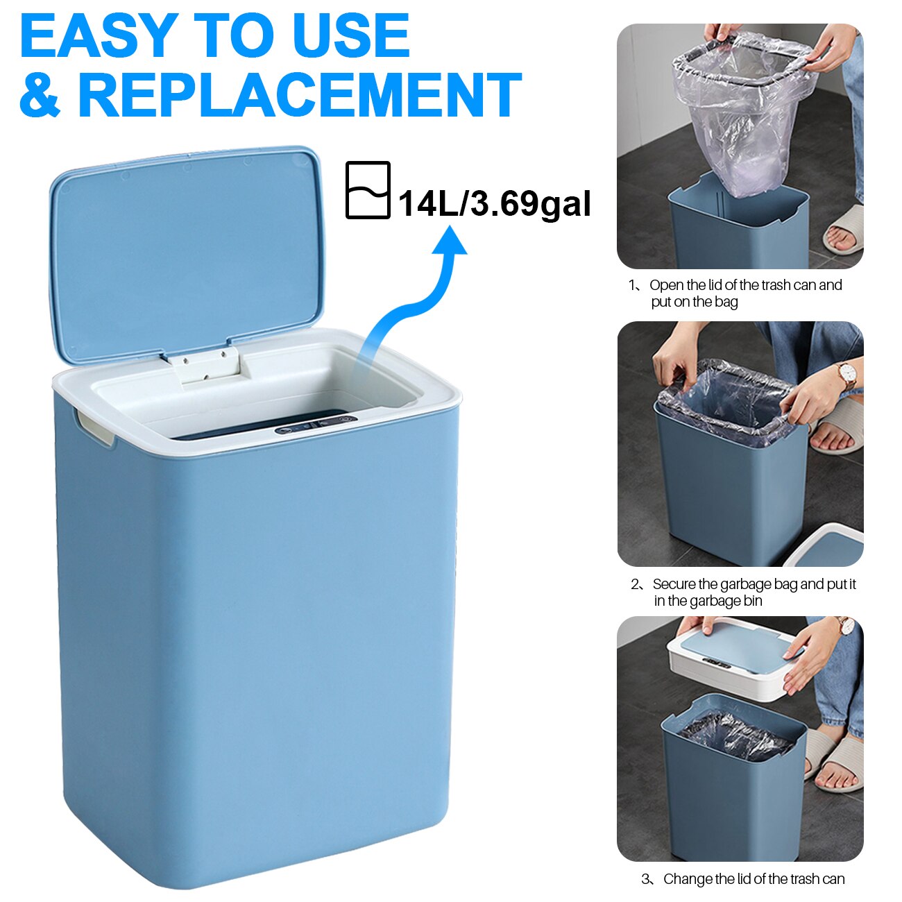 14L Non-contact Trash Can, Blue Inductive Trash Recycling Bin with Lid for Living Room, Kitchen, Bedroom,Toilet, Office, etc.