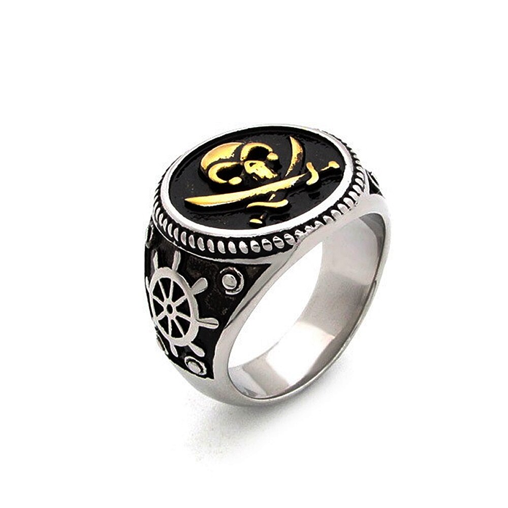 Vintage Men's Pirate Signet Double Knife Skull Ring Golden/Silver Color Stainless Steel Compass Goth Punk Ring: 12 / Gold