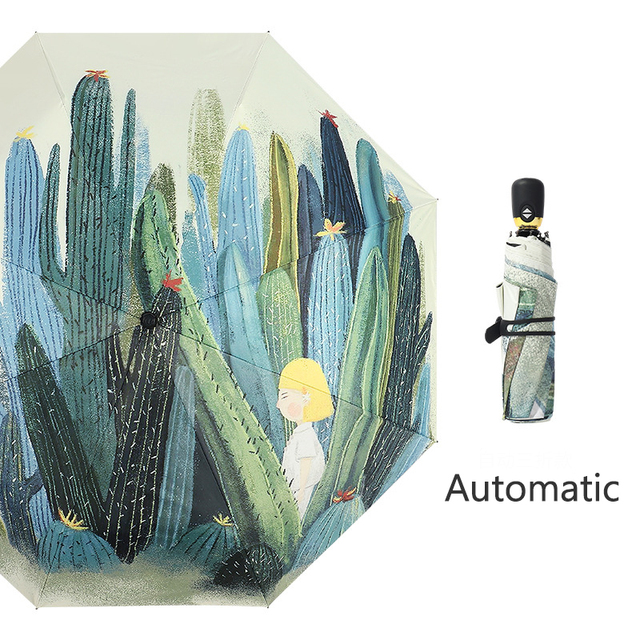 Hand drawn creativity Cactus Umbrella Women AutomaticFolding Anti-UV Rainproof Umbrella Parasol Rain Sun Light Umbrellas: Auto