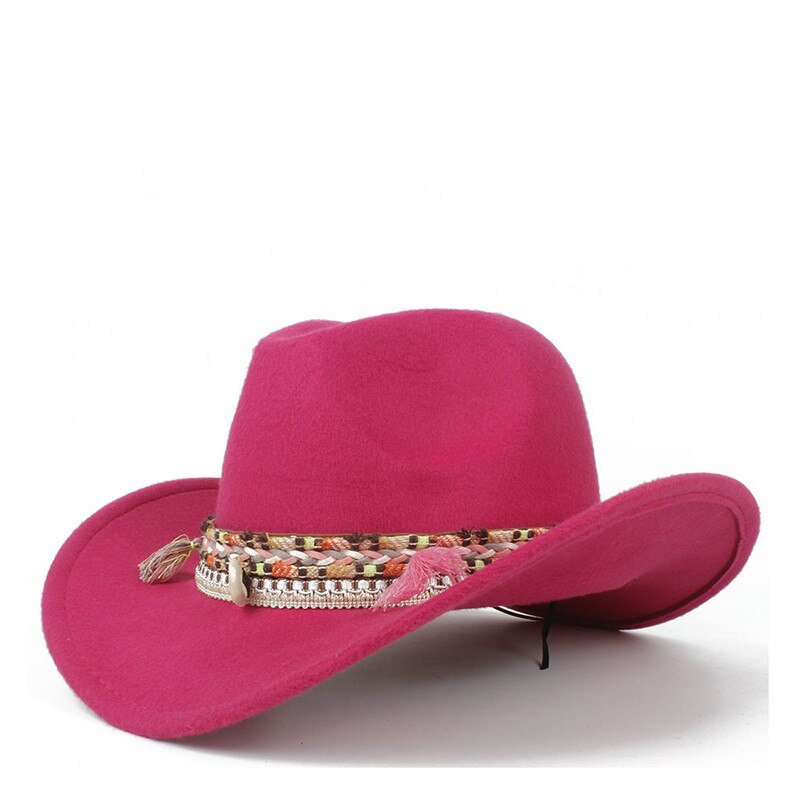 Kvinder uld hule vestlige cowboy hat dame jazz outback jazz toca sombrero cap størrelse 56-58cm: Rosenrød