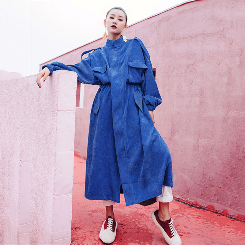 Gabardina larga de pana azul de tendencia, gabardina para mujer de cintura ajustable de alta de otoño , cazadora de calle, gabardina FY46: Default Title