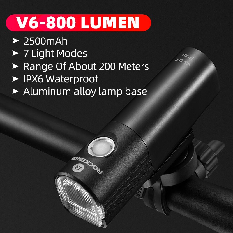 ROCKBROS 800 Lumen Bike Headlight High Power Bicycle Handlebar Front Lamp Waterproof Rechargeable LED Flashlight Cycling Light: V6-800 Lumen