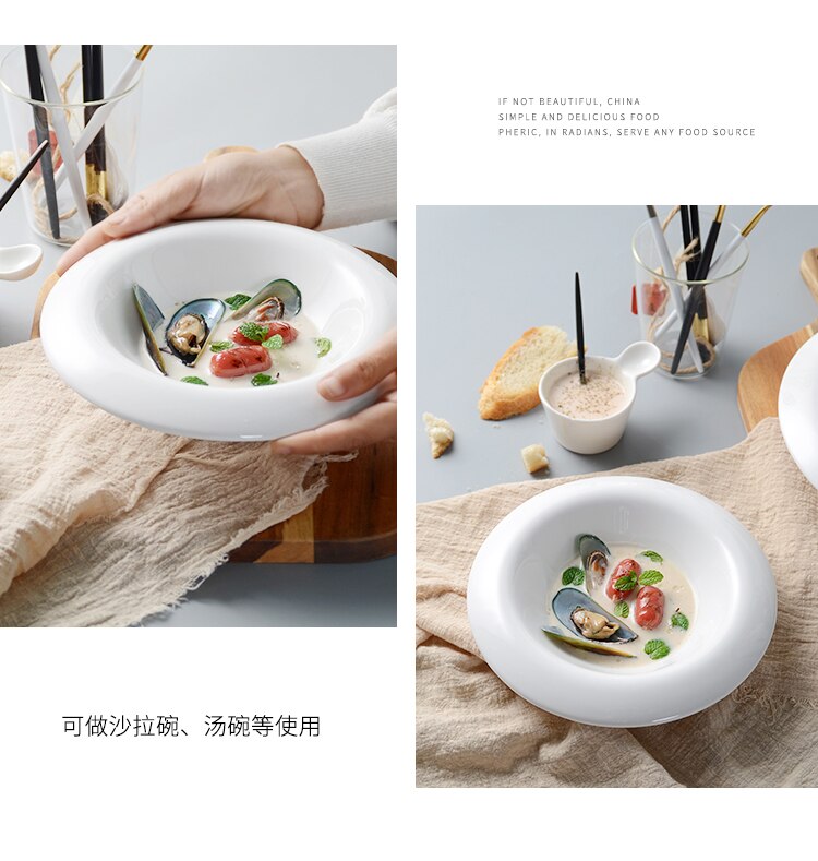 Moda ocidental casa puro branco cerâmica circular salada de sopa sobremesa moda frutas tigela salada pratos cozinha utensílios de mesa