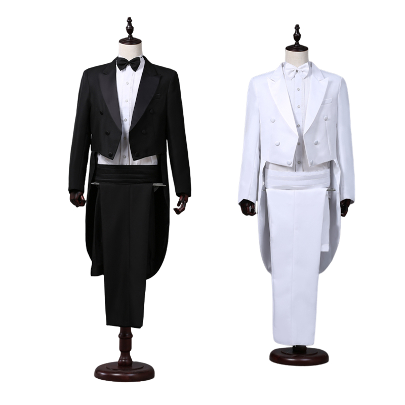 Abrigo de cola para hombre, traje clásico moderno blanco y negro de estilo básico para hombre con frac, trajes de chaqueta de escenario para mago y cantante