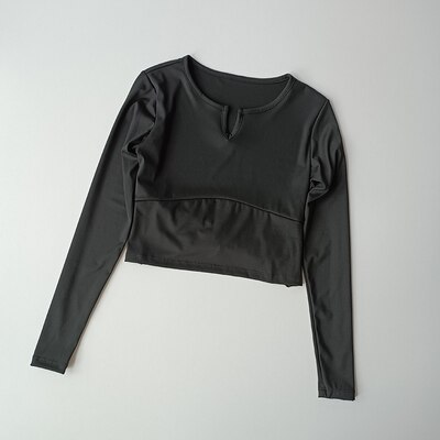 #39 , figurbetontes sport-langarmshirt für damen mit freiem bauchnabel, v-ausschnitt und offenem rücken – schnelltrocknend, ideal zum laufen, trainieren, fitness und yoga.: Schwarz / M