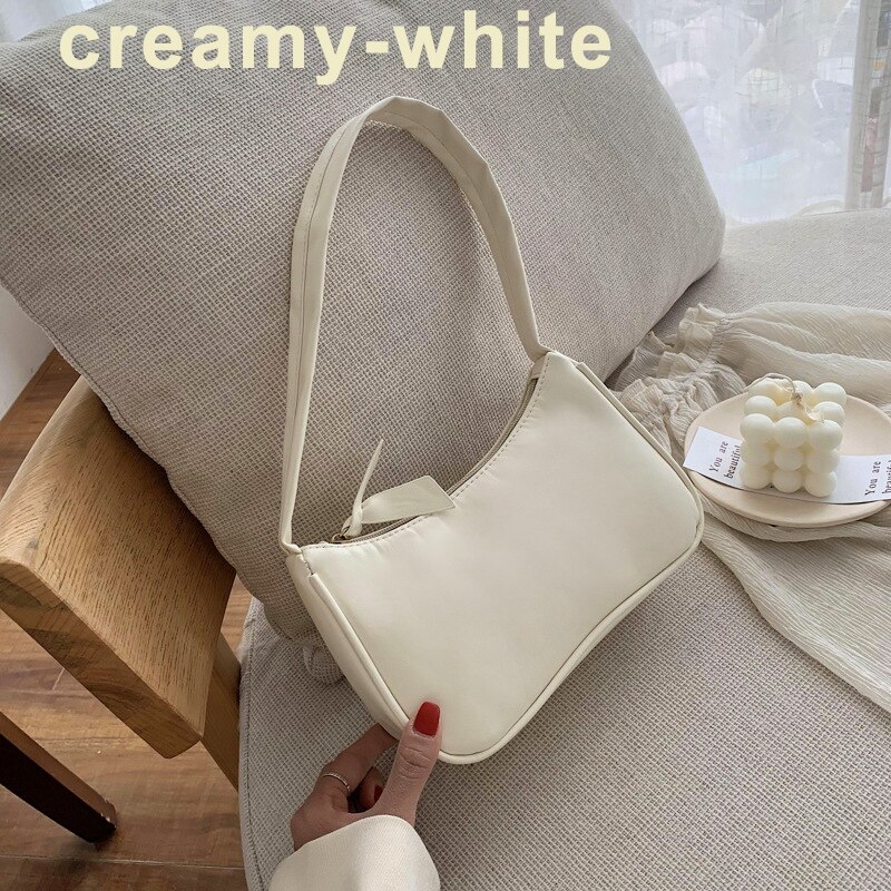 Kvinder små baguette håndtasker blød pu læder damer armhule skuldertasker vintage simple piger kobling pung tote: Cremet-hvid