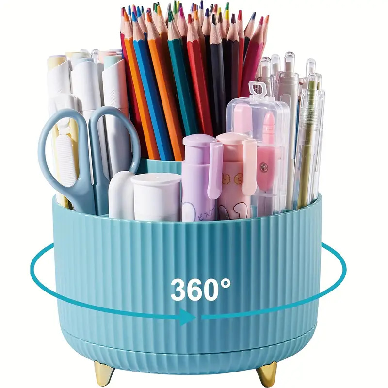 Desk Organizer, 360-Degree Rotating Pen Holder for Desk with 5 Compartments Pencil Organizer, Storage Box Caddy for Office, Home: Beige