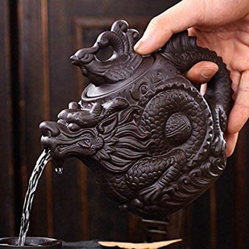 Théière dragon et phénix théière grande capacité service à thé en argile violette bouilloire théière kung fu (noir)