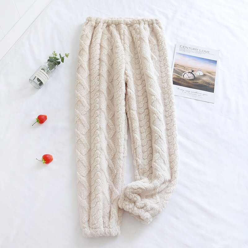 Pantalones de dormir de franela con cintura elástica para mujer, ropa para el hogar, informal, gruesa, holgada, a la , para estudiantes: beige / XL