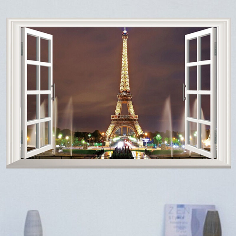 Verwijderbare Art 3D Venster Parijs Eiffeltoren Art Decal Muur Sticker DIY PVC Home Decor Landschap Raam Muur Sticeker