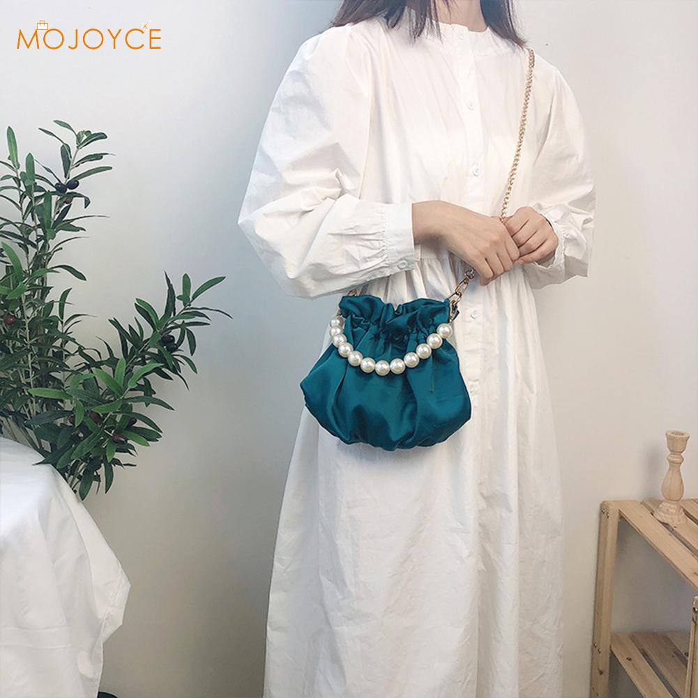 Plissee Schulter Tasche Frauen Klassische Textur Kreative empfindlich schick Satin- Perle Griff Totes Weiblichen Kette Kleine Handtasche