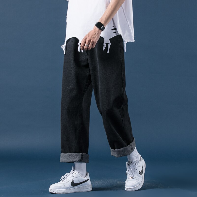 Lyse jeans herre efterår lige løse herrebukser koreansk stil trendy brede ben mopping daddy bukser: Sort / 2xl 73-80( kg)