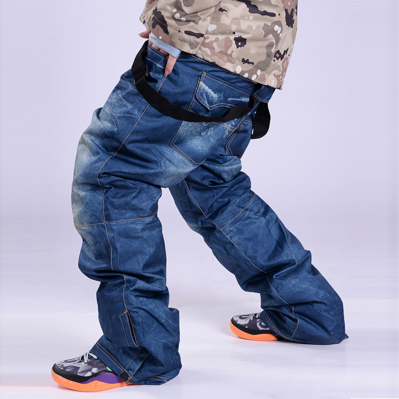 Stijl Denim Ski Broek Bretels Denim Ski Broek Mannen Schaatsen Snowboard Waterdicht, Winddicht En Warm Ski Broek