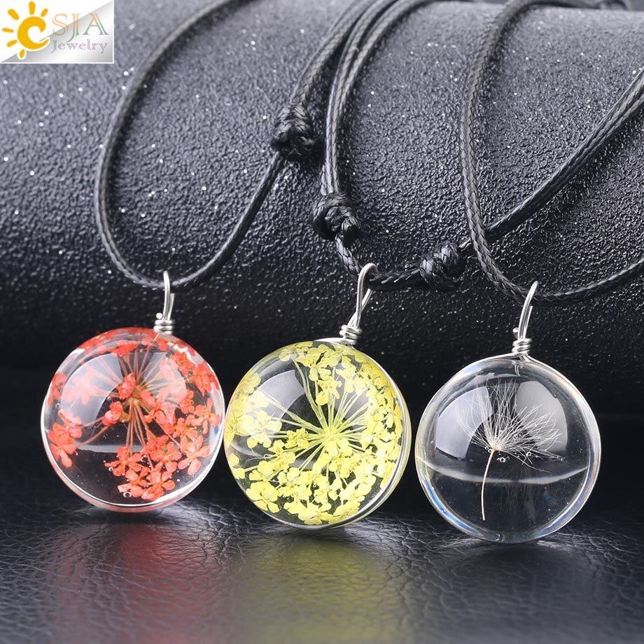 CSJA Decorativo di Modo di Fiori Secchi Collane & Pendenti con gemme e perle di Vetro Palla A Secco Pianta Pendente Corda di Cuoio per le Donne di Fascino Dei Monili F586