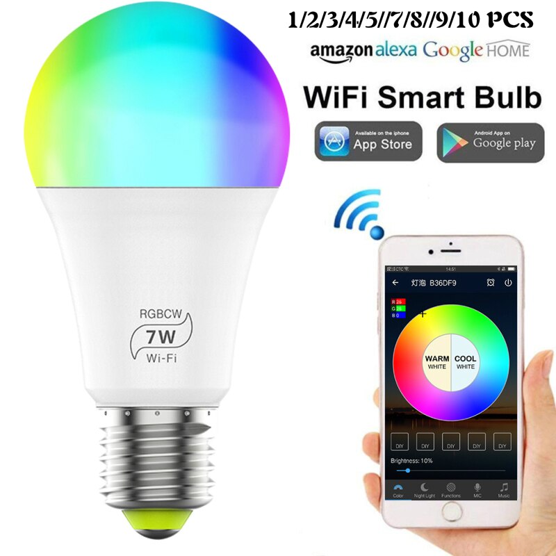 1/2/3/4/5/6/7/8/10pcs E27 LED Lamp RGB 7W Bluetooth Wifi APP Control Smart Bulb RGBWW LED Bulb Work with Google Home Alexa