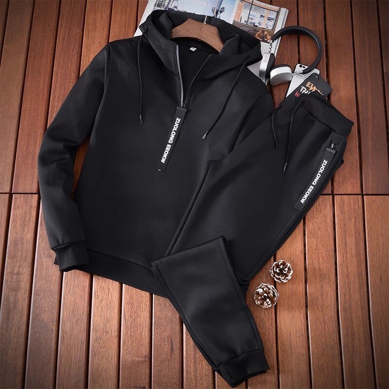 Jeugd Casual Sport Hoodie Zwart Pak Wit 2 Stuk Jogging Running Outfits Heren Herfst Effen Kleur Lange Mouwen Set: Black Hoodie Suit / XL