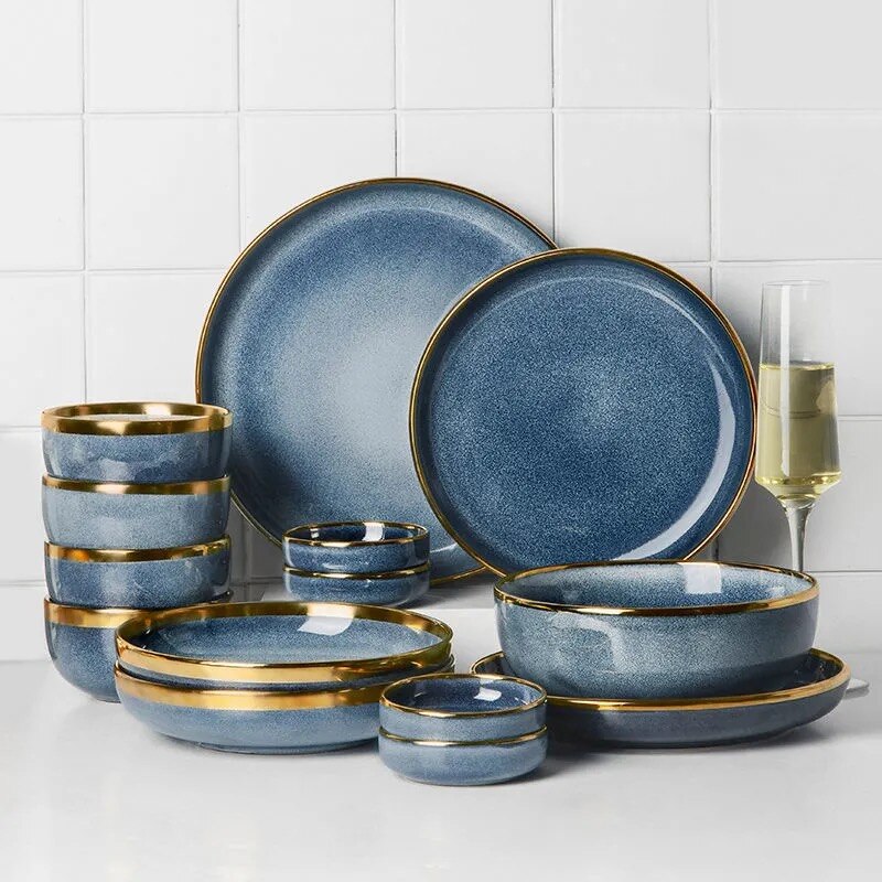 Ceramic Tableware Dishes Dinner Plates Steak Food Dessert Plate Blue Gradient Salad Soup Bowl Plates and Bowls