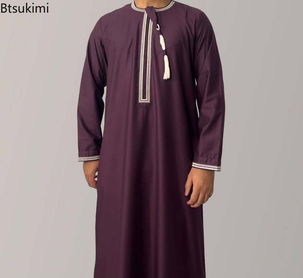 Moslim Mode Abaya voor Mannen Lange Mouw Jurk Gewaad O-hals Borduren Mannen Jubba Thobe Pakistan Arabische Islam Kleding Gebed Kaftan