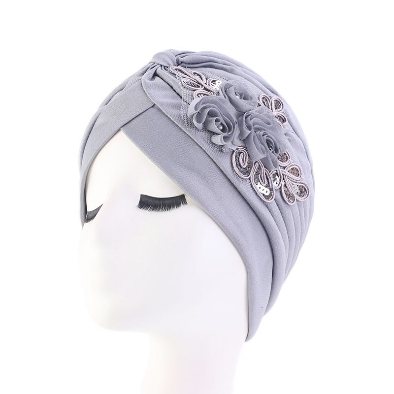 Women India Hat Women Muslim Islamic Elastic Pleated Turban Head Scarf Flower Beanie Hat Hair Loss Headwear Chemo Caps