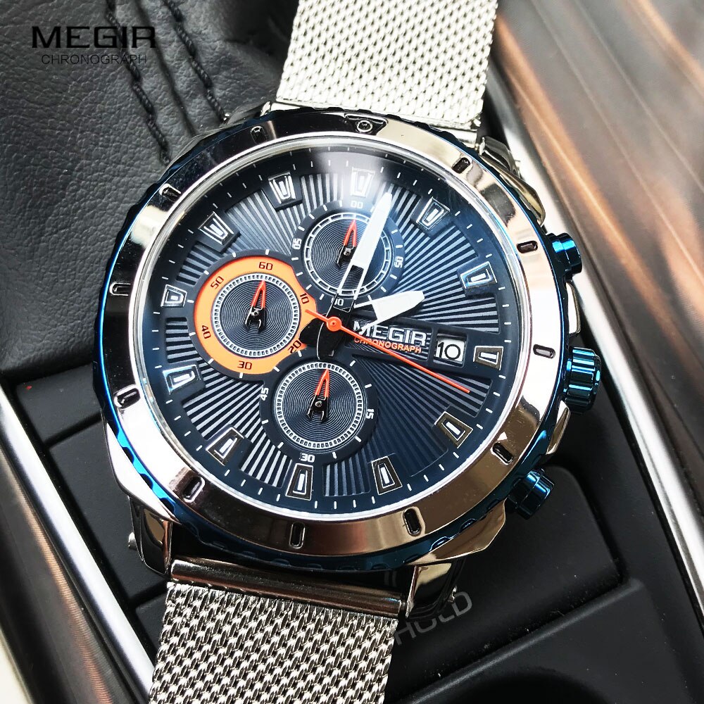 Megir Horloges Mannen Luxe Mesh Band Bedrijf Quartz Horloge Voor Man Top Waterdichte Leger Sport Pols Horloges Blauw gezicht